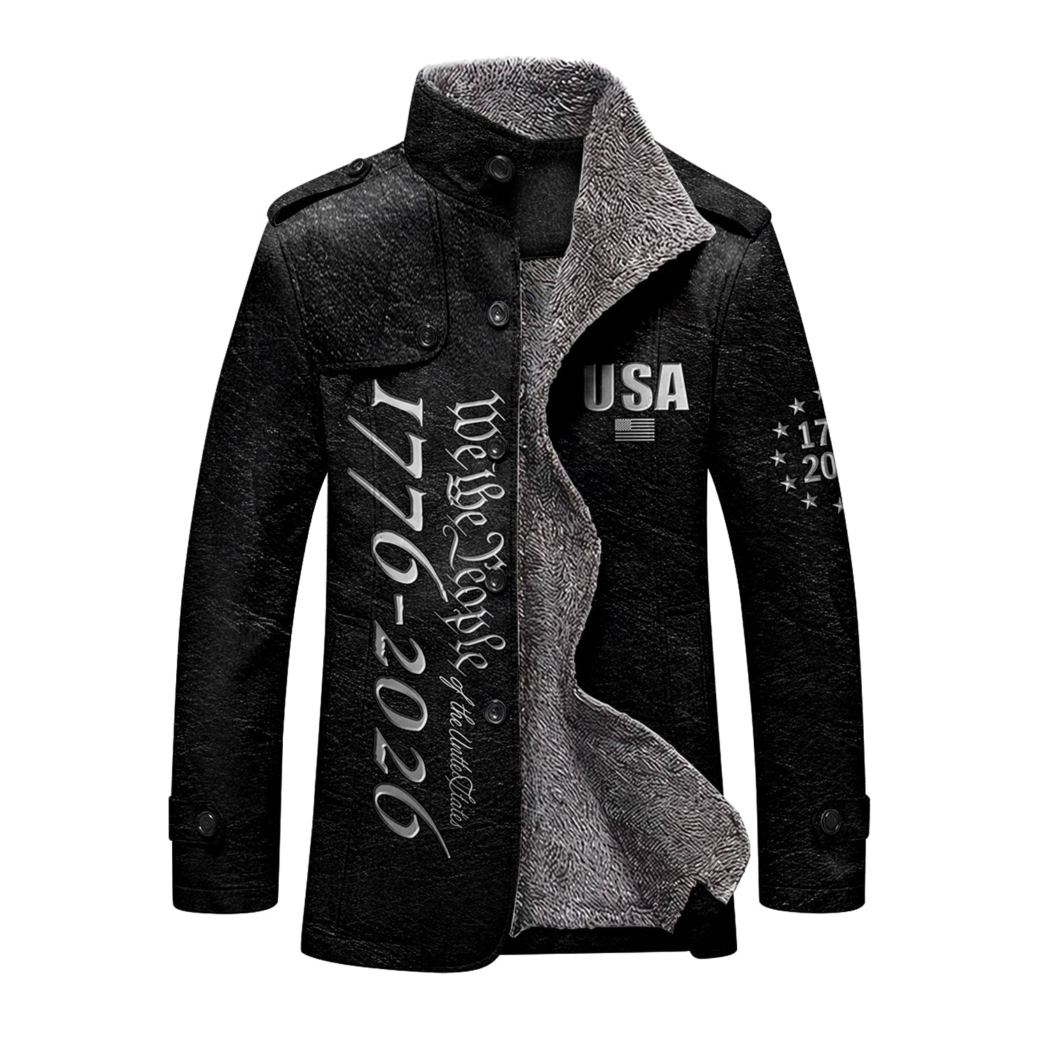 We The People 250 Years Silver Flag Men's Cold Premium Weather Jacket, Leather Trench Coat