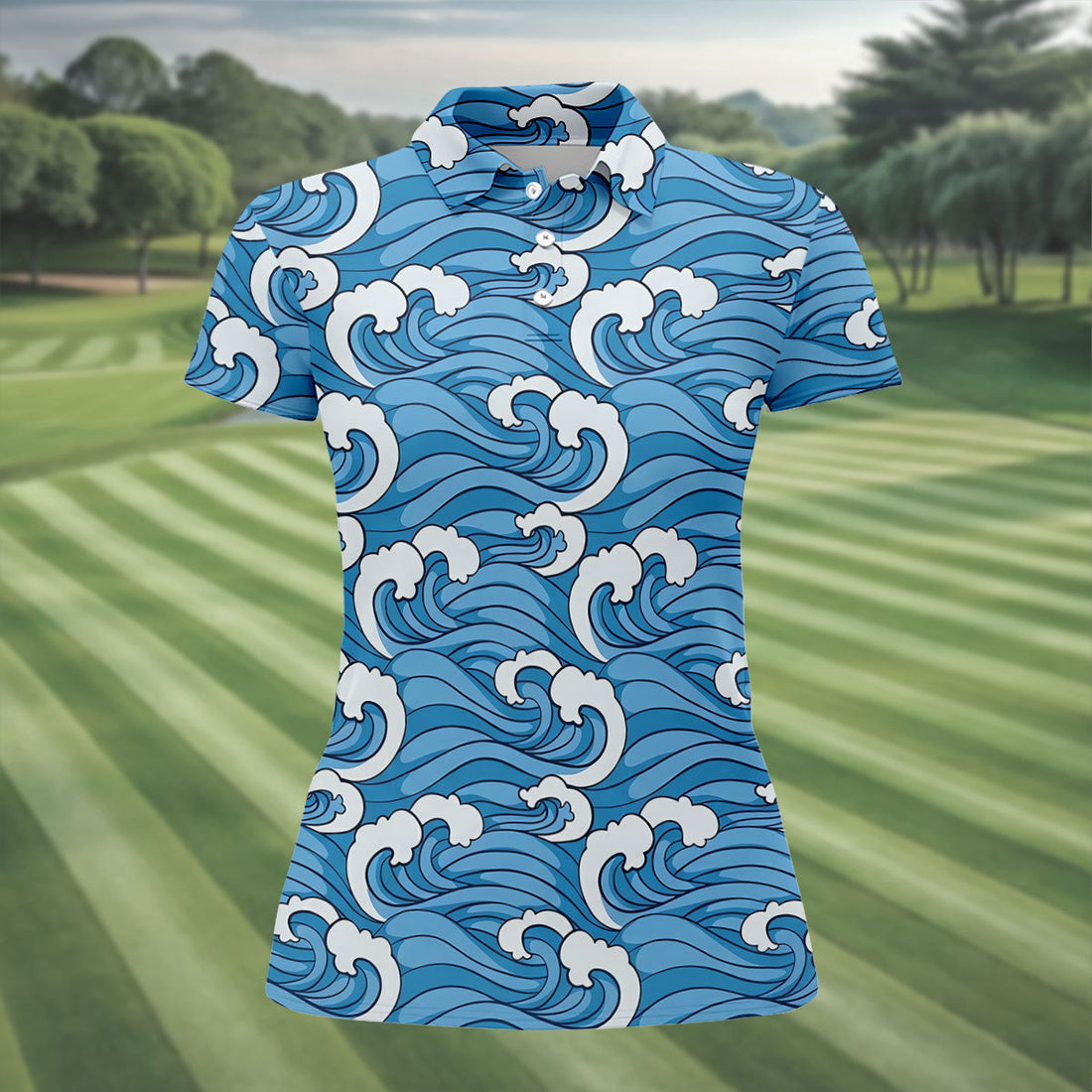 Japanese Wave Golf Shirt, Ocean Wave Pattern Women's Golf Polo, Polo Shirts For Women