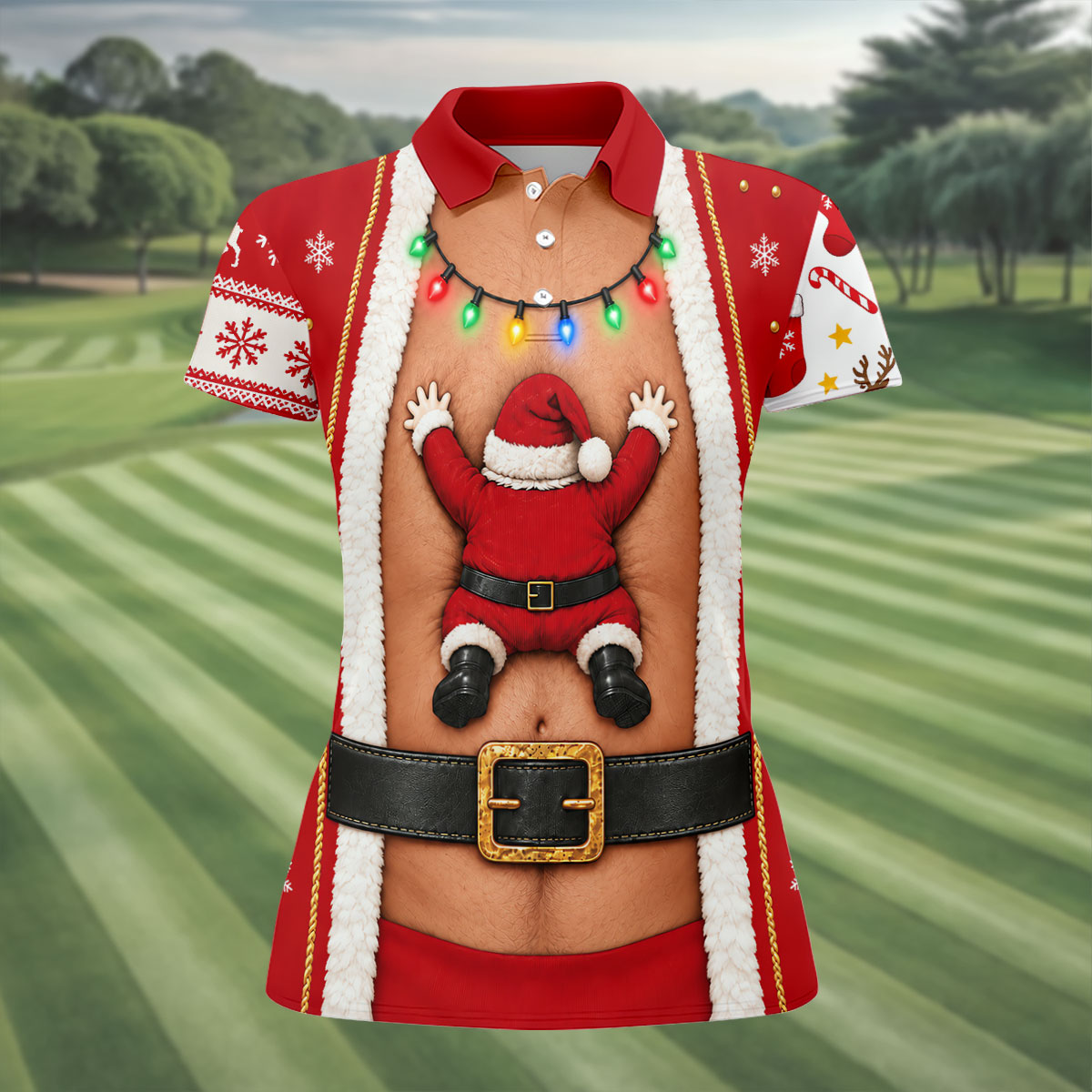 Santa Stuck In Belly Christmas Golf Shirt, Golf Shirts For Women, Womens Golf Tops