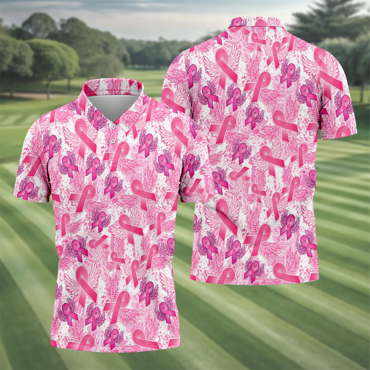 Breast Cancer Pink Ribbon Angel Wings Polo Shirt, Men's Golf Shirt, Golf Apparel For Men