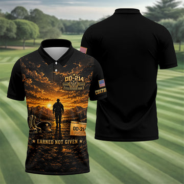 Custom DD-214 Sunset Soldier Golf Polo Shirt, Veterans Day Shirt, Mens Golf Shirts