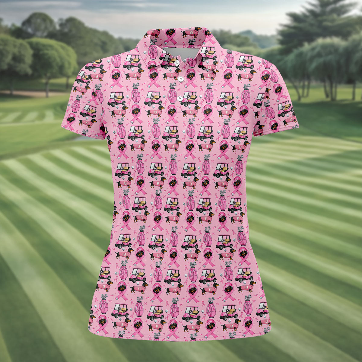 Cute Dog Golf Cart Breast Cancer Ribbon Polo Shirt, Ladies Golf Tops, Women’s Golf Polo