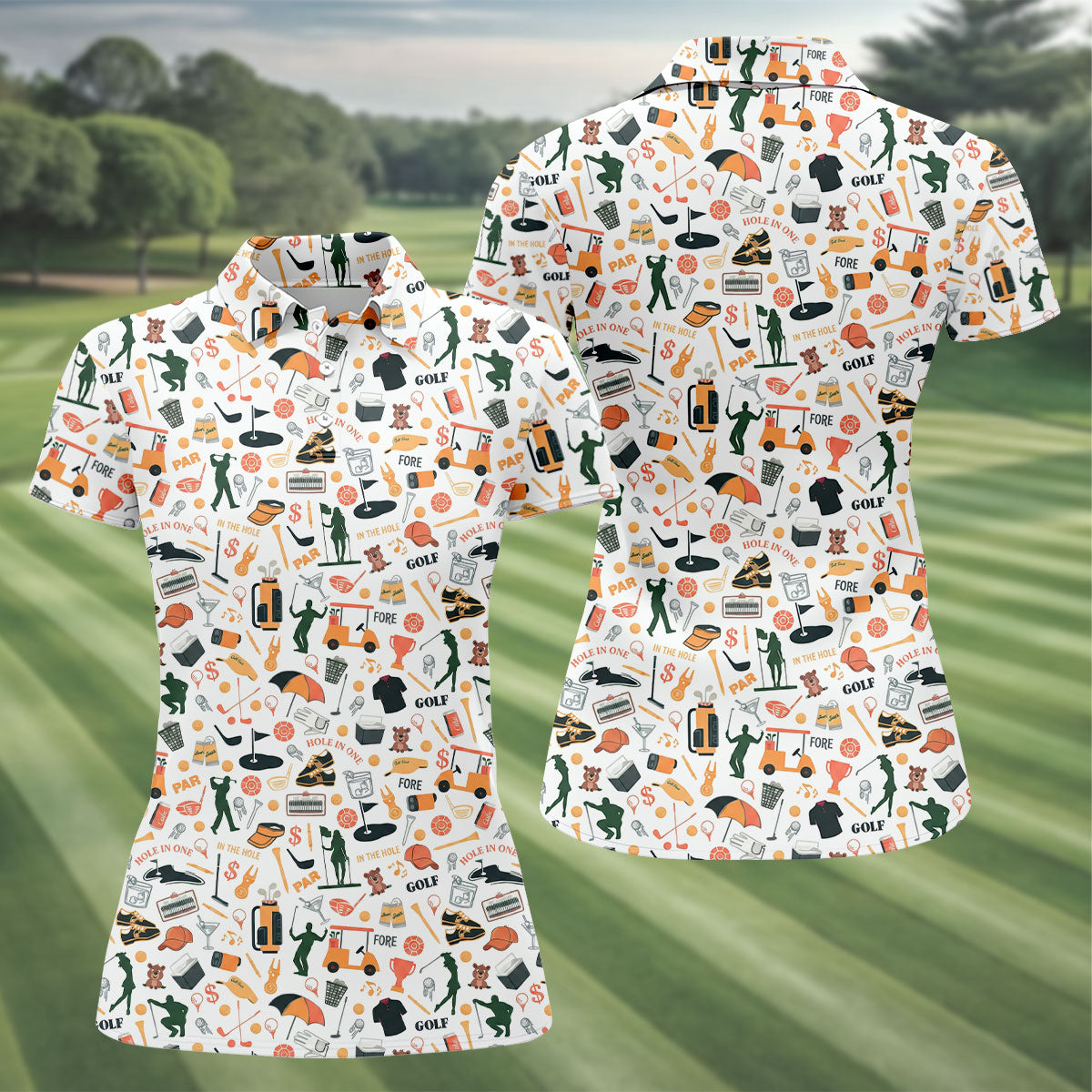 Golf Equipment Cart Ball Pattern Polo Shirt, Women’s Golf Polo, Performance Golf Shirt