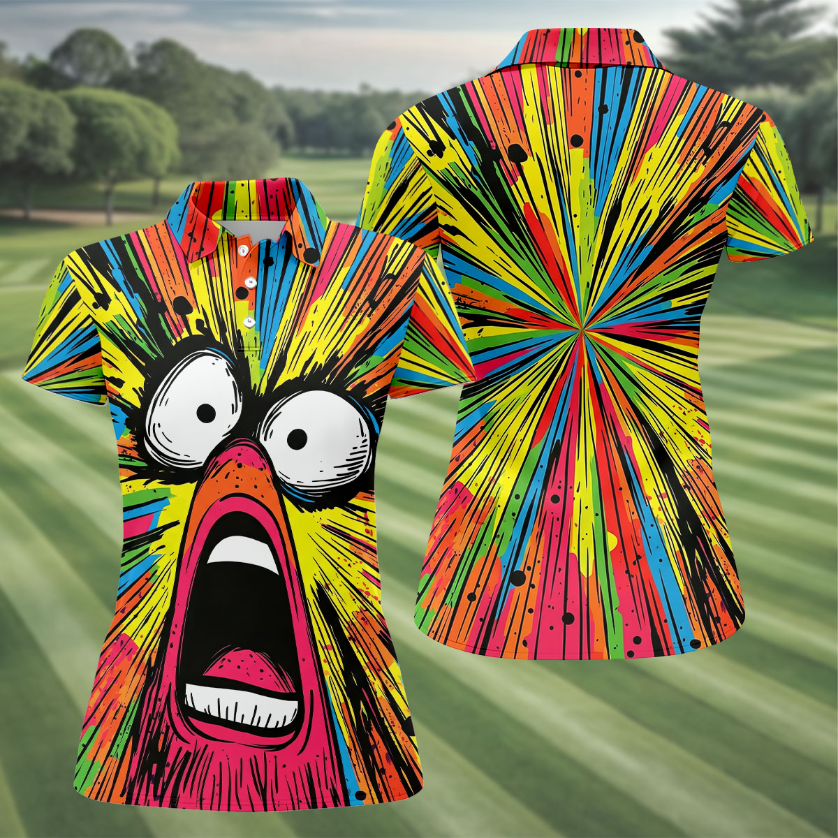 Screaming Face Colorful Retro Hawaiian Golf Shirt, Fun Women's Golf Shirts
