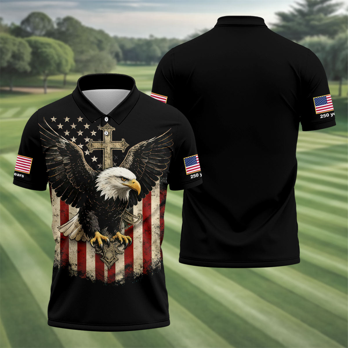 Faith Cross Bald Eagle And US Flag Black Golf Shirt, Patriotic 4th Of July Golf Shirts For Men
