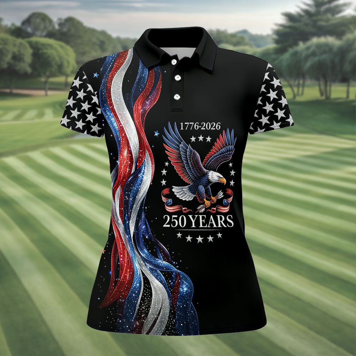 Bald Eagle Red White Blue Wavy Stripes Patriotic Golf Shirt, 250 Years 4th Of July Golf Shirt For Women