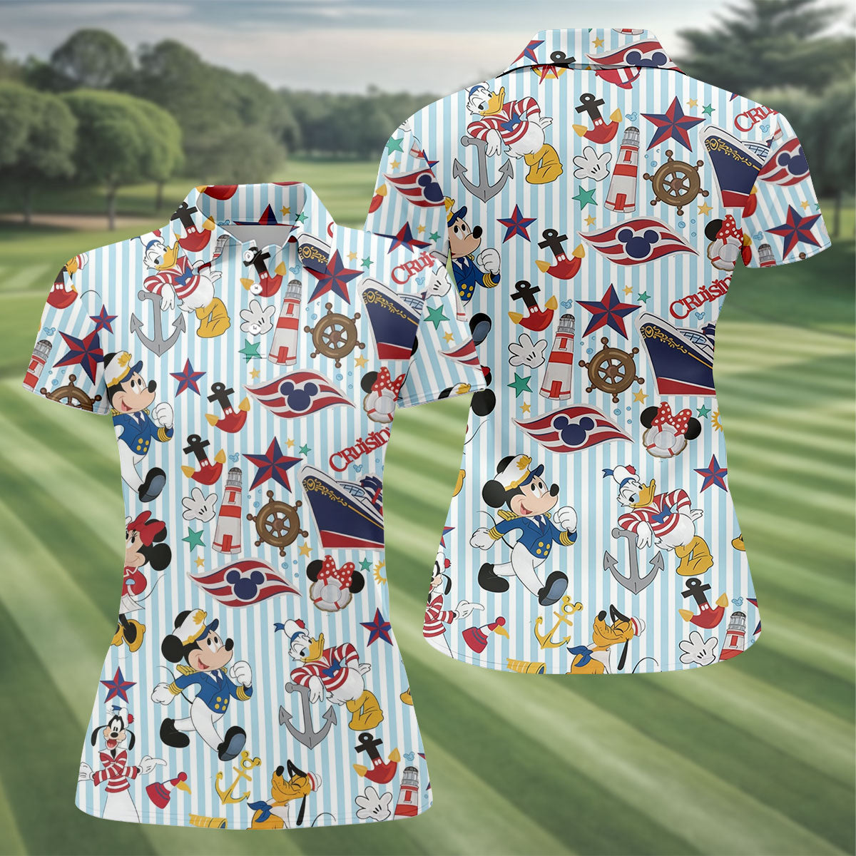 Nautical Cruise Cartoon Pattern Golf Polo Shirt, Womens Golf Tops, Ladies Golf Shirt