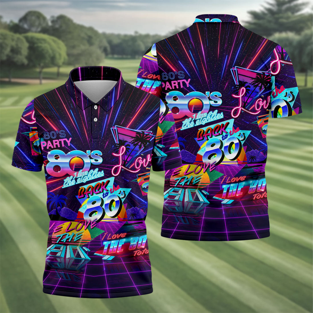 80s Retro Party Golf Shirt, Neon Synthwave Sunset Pattern, Golf Shirt For Men