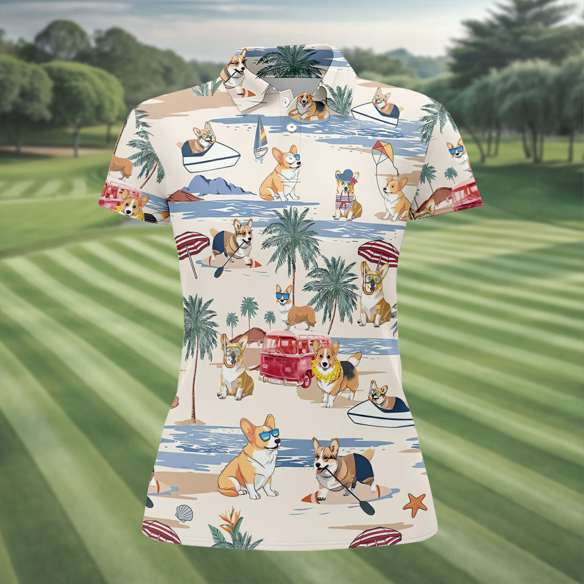Cute Corgi Beach Vacation Tropical Golf Polo Shirt, Golf Shirts For Women, Women's Golf Apparel