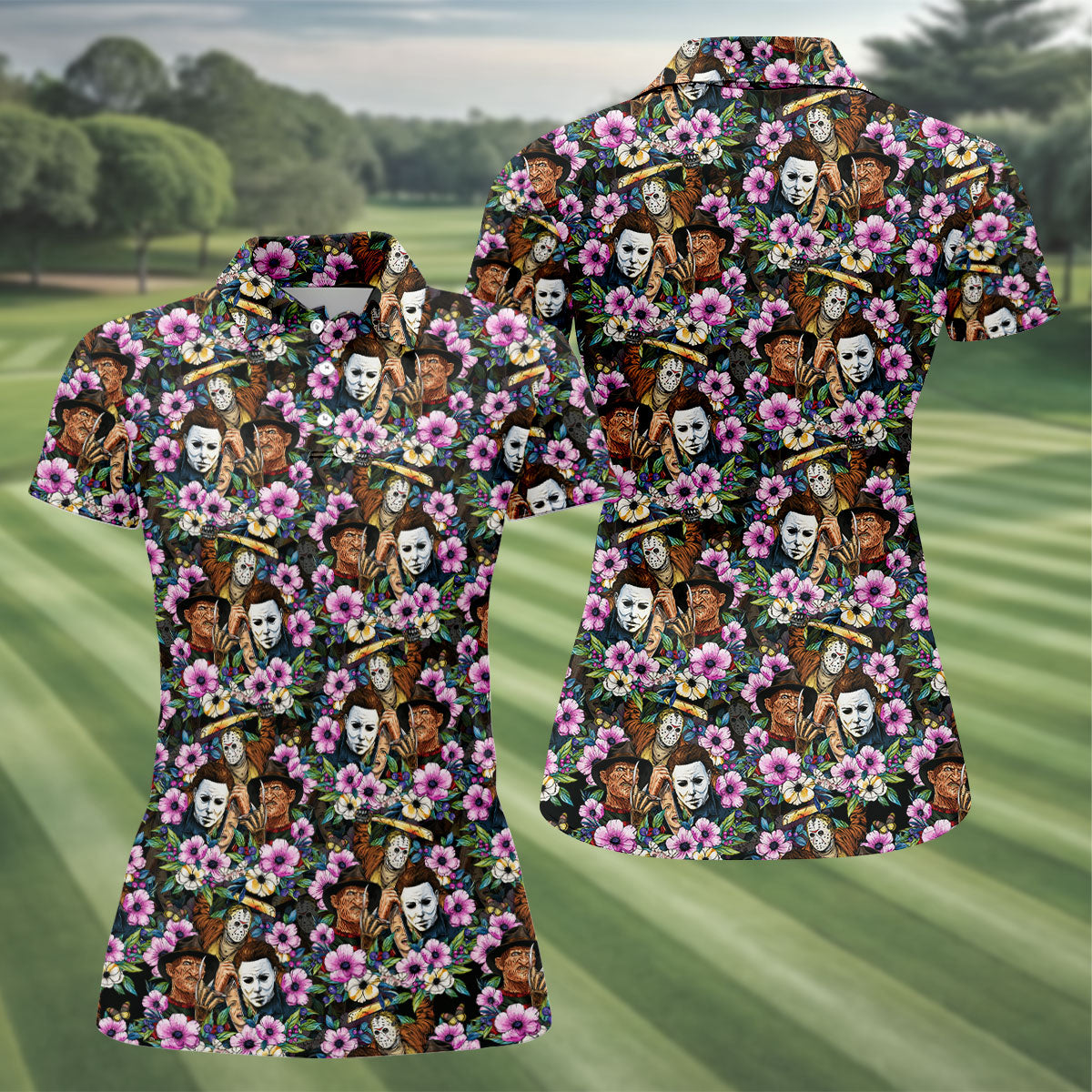 Floral Horror Character Halloween Golf Polo Shirt, Horror Movie Shirt, Women's Golf Polo