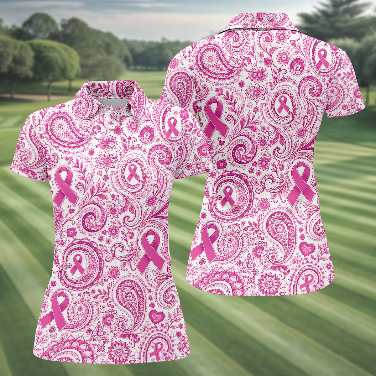 Pink Ribbon Paisley Breast Cancer Golf Polo Shirt, Women’s Golf Apparel, Ladies Golf Top