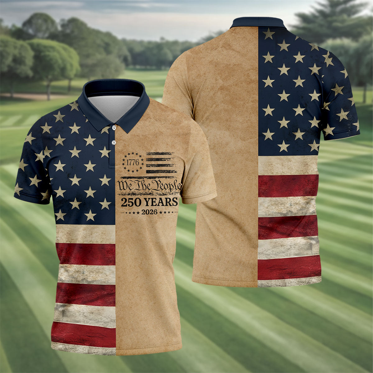 We The People 250 Years US Flag Pattern Patriotic Golf Shirt, 4th Of July Golf Shirts For Men