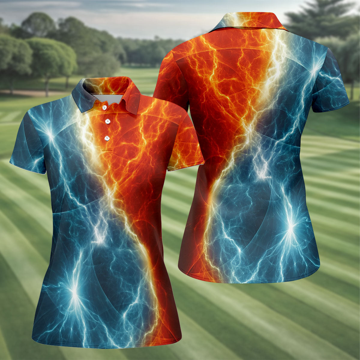 Lightning Fire And Ice Split Golf Polo Shirt, Golf Shirts For Women, Women's Golf Apparel