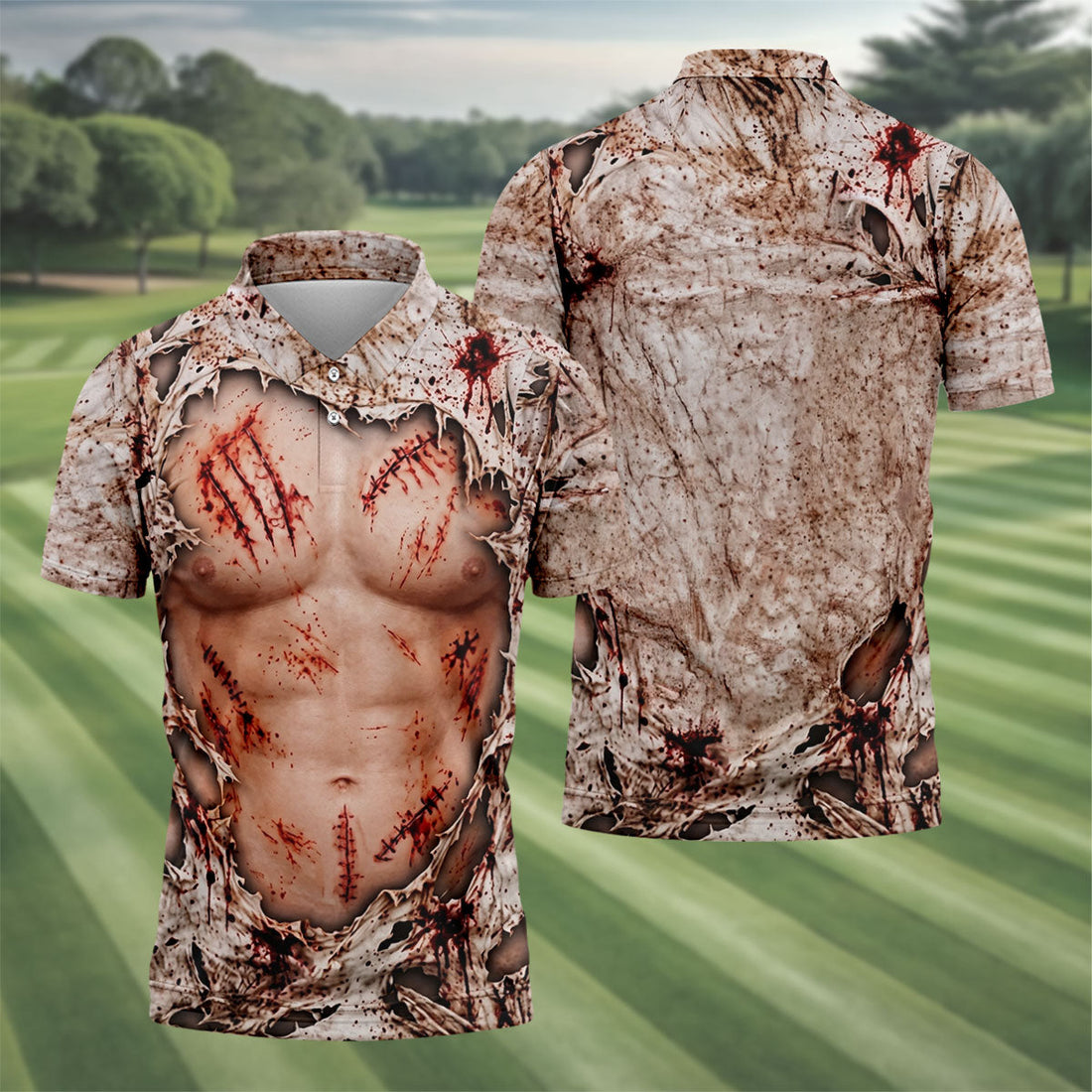 Bloody Stitched Torso Halloween Costume Polo Shirt, Mens Golf Shirts, Halloween Golf Shirt