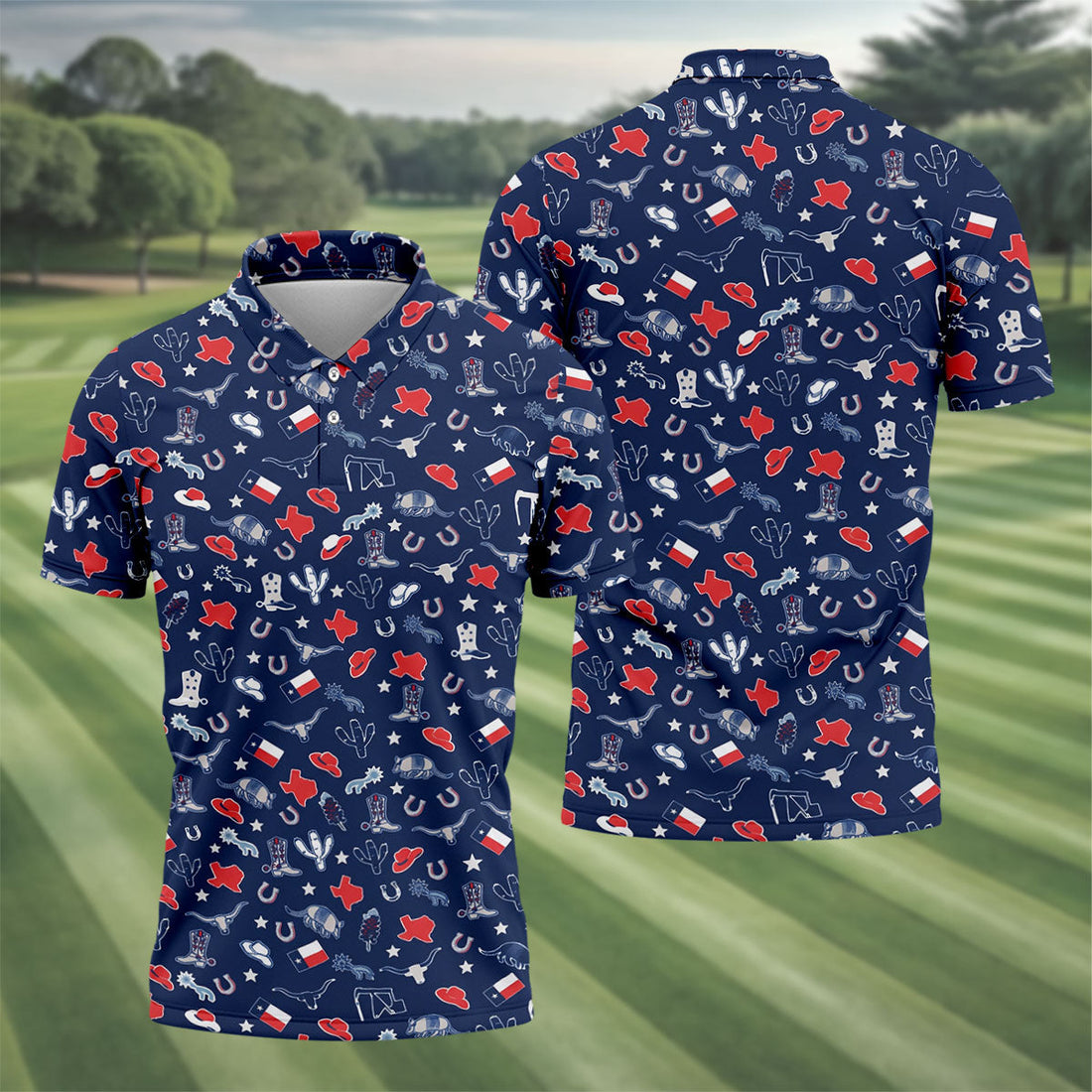 Navy Texas Western Pattern Golf Polo Shirt, Mens Golf Shirts, Hawaiian Golf Shirt