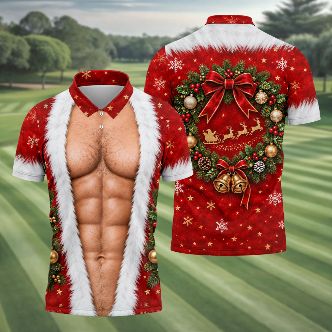 Santa Muscle Body Christmas Golf Shirt, Mens Golf Polo, Golf Shirts For Men