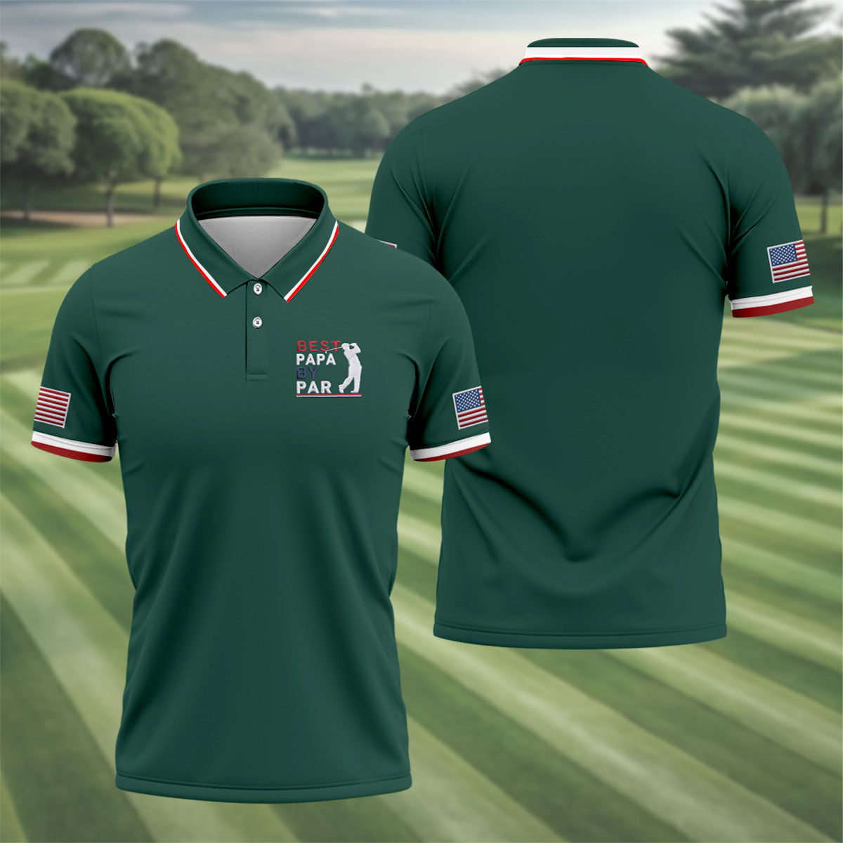 Green Best Papa By Par Embroidered Golf Polo Shirt, Golf Shirts For Men, Printed Golf Shirts
