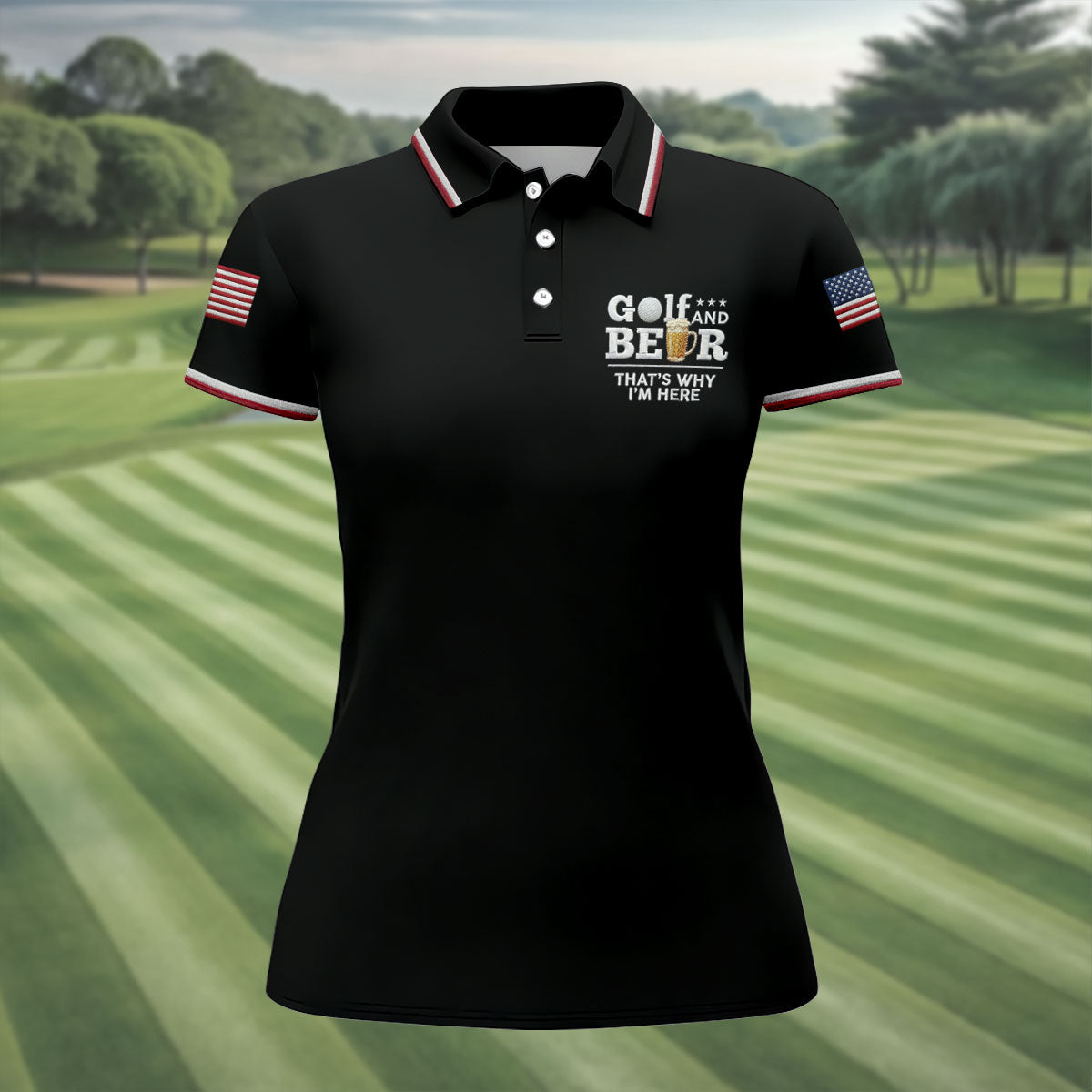 Golf And Beer That's Why I'm Here 250 Years US Flag Golf Shirt, Patriotic 4th Of July Golf Shirt For Women