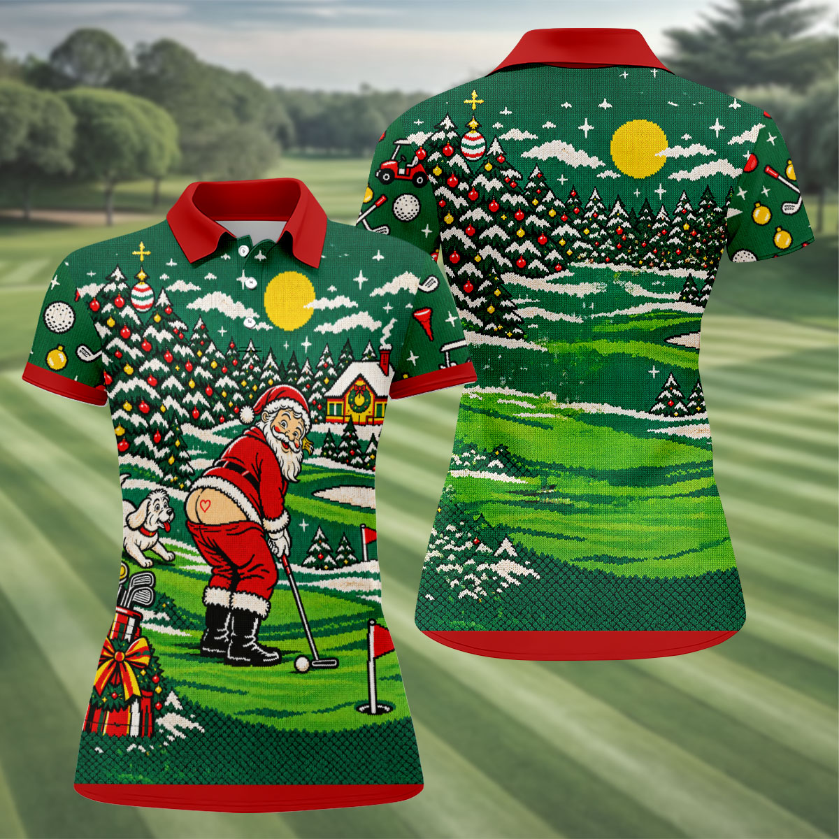 Funny Santa Mooning Dog Christmas Golf Shirt, Womens Golf Tops, Ladies Golf Shirts