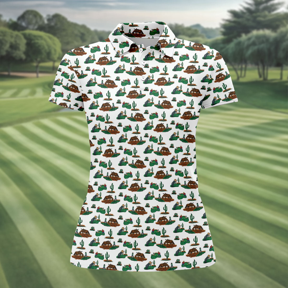 Western Golf Course Pattern Golf Polo Shirt, Ladies Golf Shirt, Women's Golf Apparel