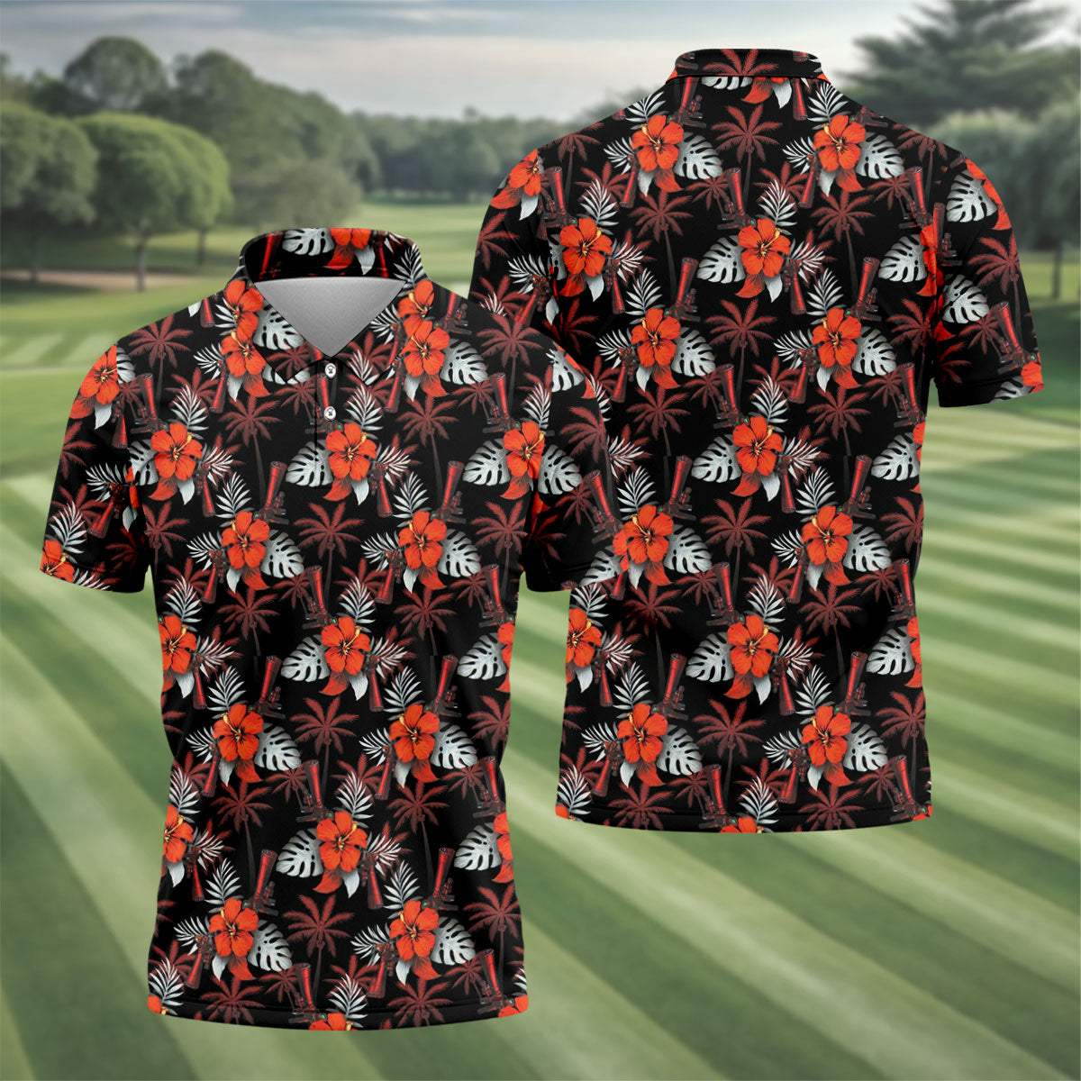 Orange Hibiscus Black Hawaiian Golf Shirt, Summer Vibe Golf Shirts For Men