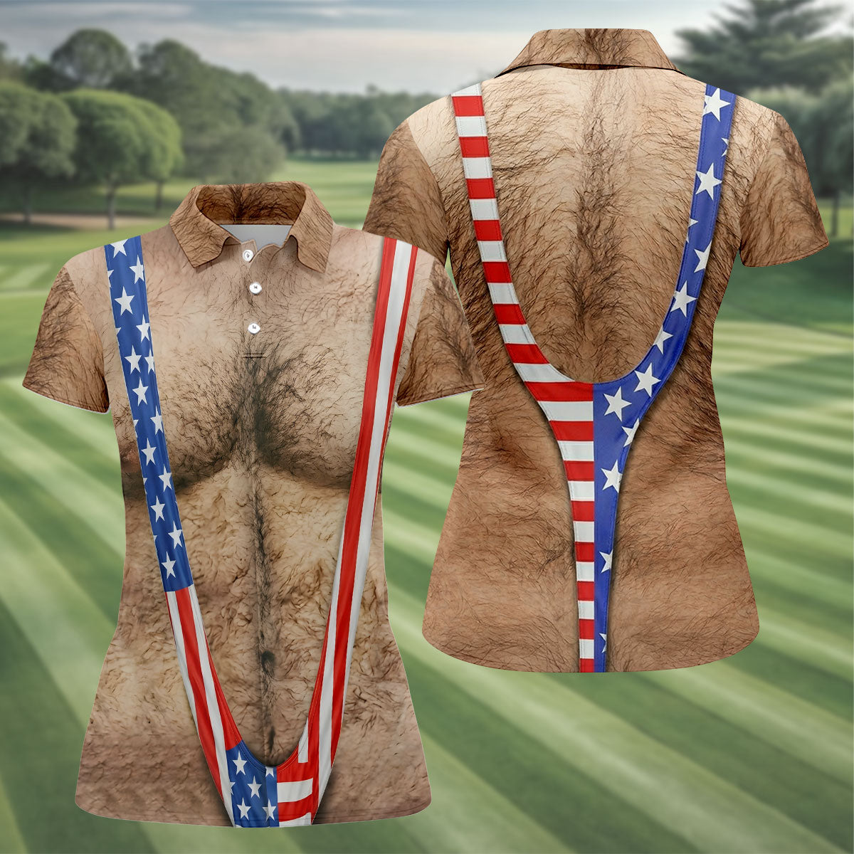 Hairy Body Funny Print Patriotic Golf Shirt, 250th Anniversary 4th Of July Golf Shirt For Women