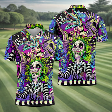 Neon Horror Character Monster Collage Golf Polo Shirt, Mens Polo Shirts, Golf Apparel For Men