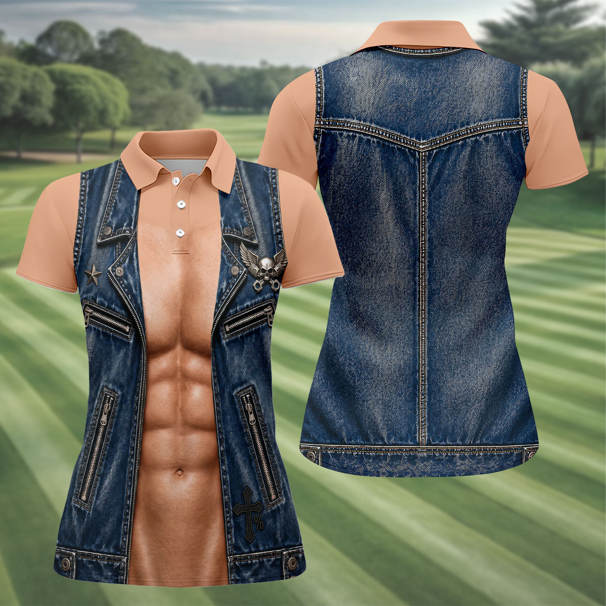 Blue Denim Vest Illusion Golf Polo Shirt, Ladies Golf Tops, Golf Polo For Women