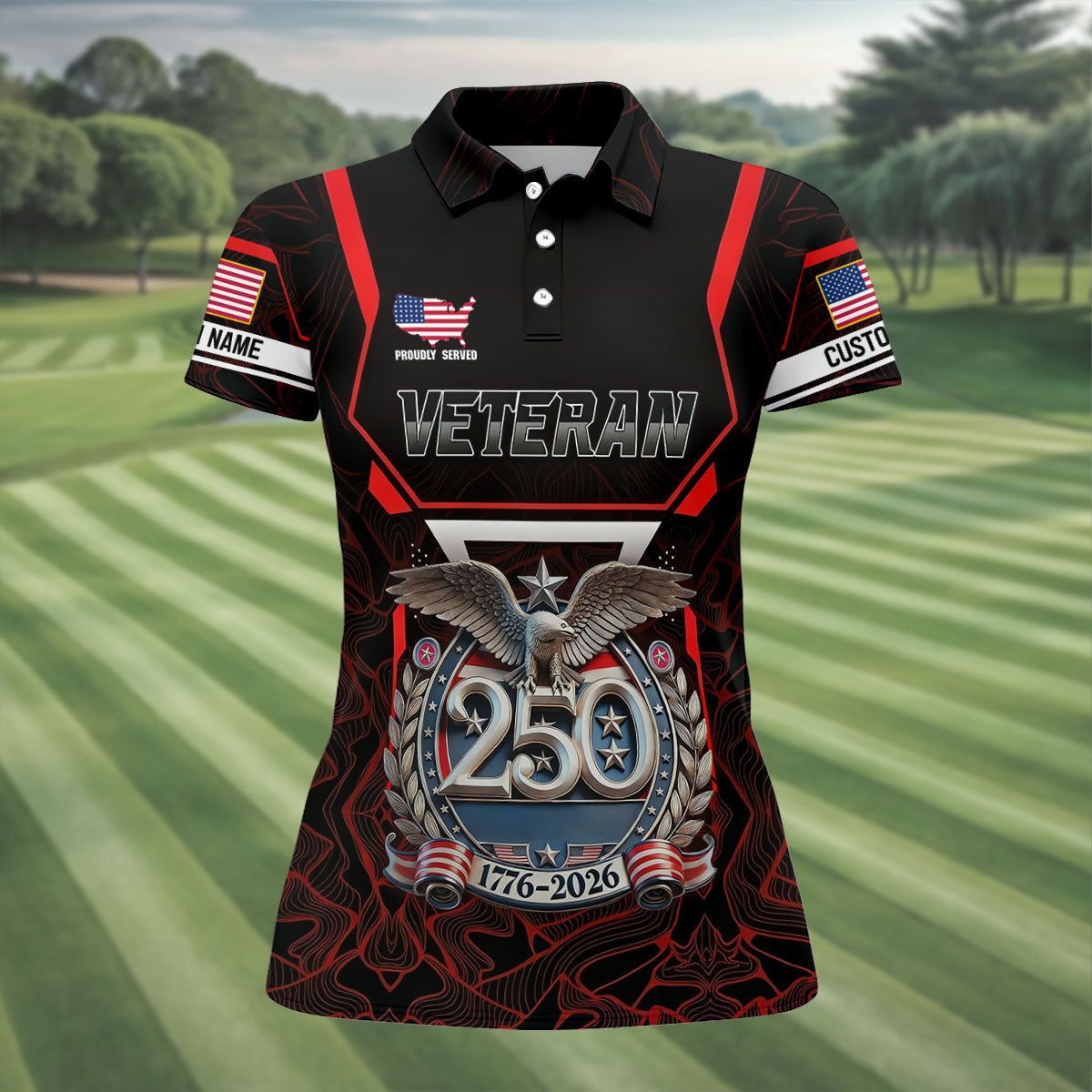Personalized Veteran America 250 Polo Shirt Red Accent, Performance Golf Shirt, Golf Tops For Women