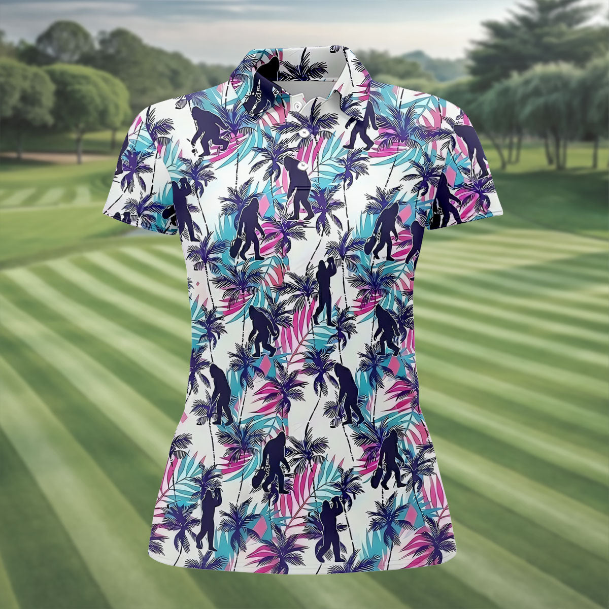 Funny Bigfoot Golfer Tropical Palm Pattern Polo Shirt, Golf Shirts For Women, Ladies Golf Shirts