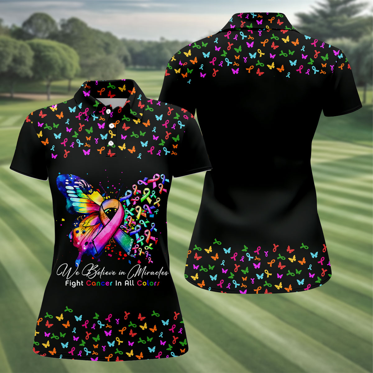 We Believe In Miracles Butterfly Breast Cancer Shirt, Women's Golf Tops, Ladies Golf Top