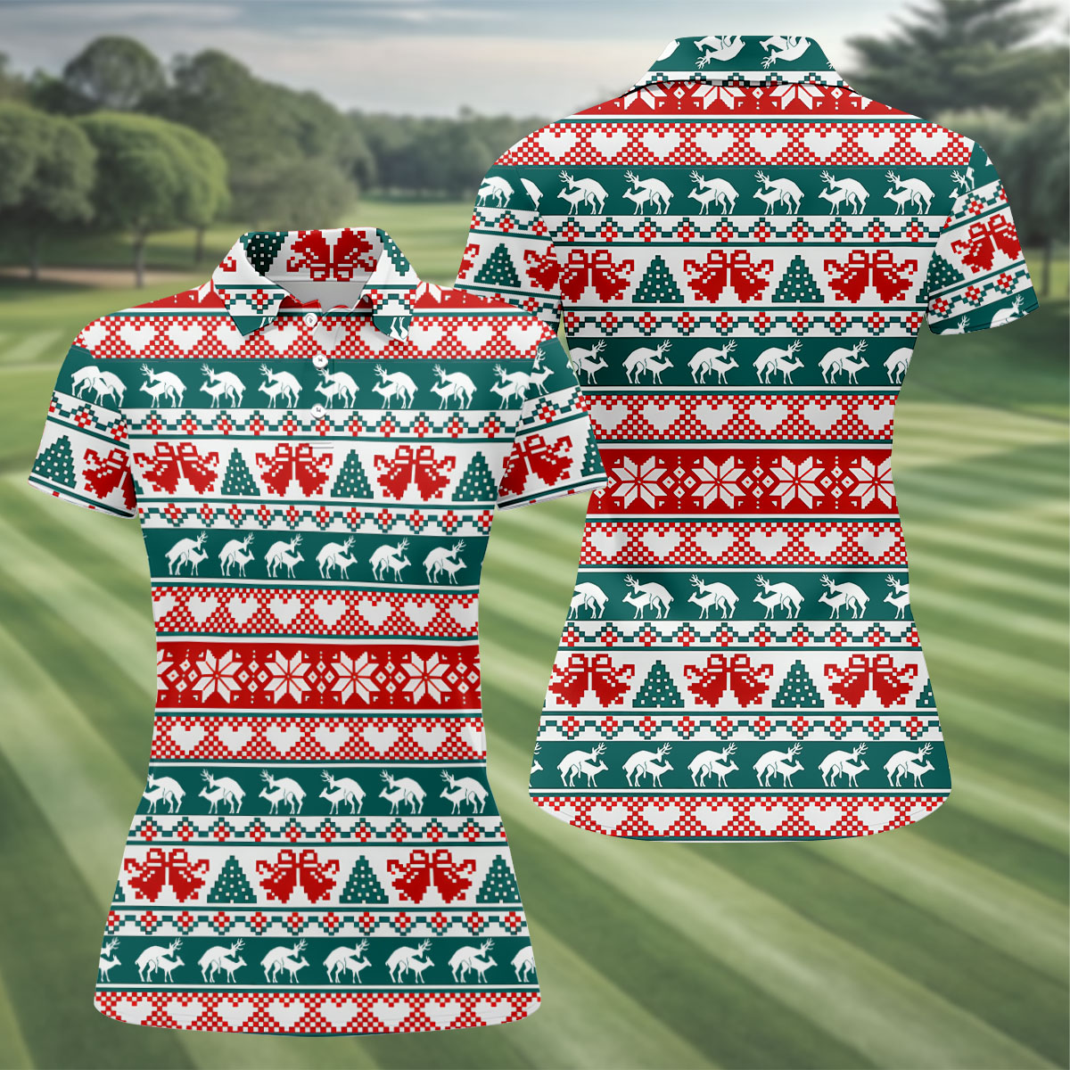 Christmas Reindeer Bells Snowflake Golf Polo Shirt, Women’s Golf Apparel, Ladies Golf Top