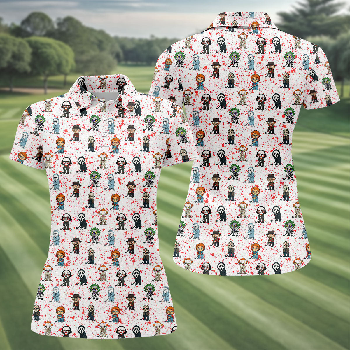 White Horror Character Golf Polo Shirt, Women's Golf Polo, Ladies Golf Shirts