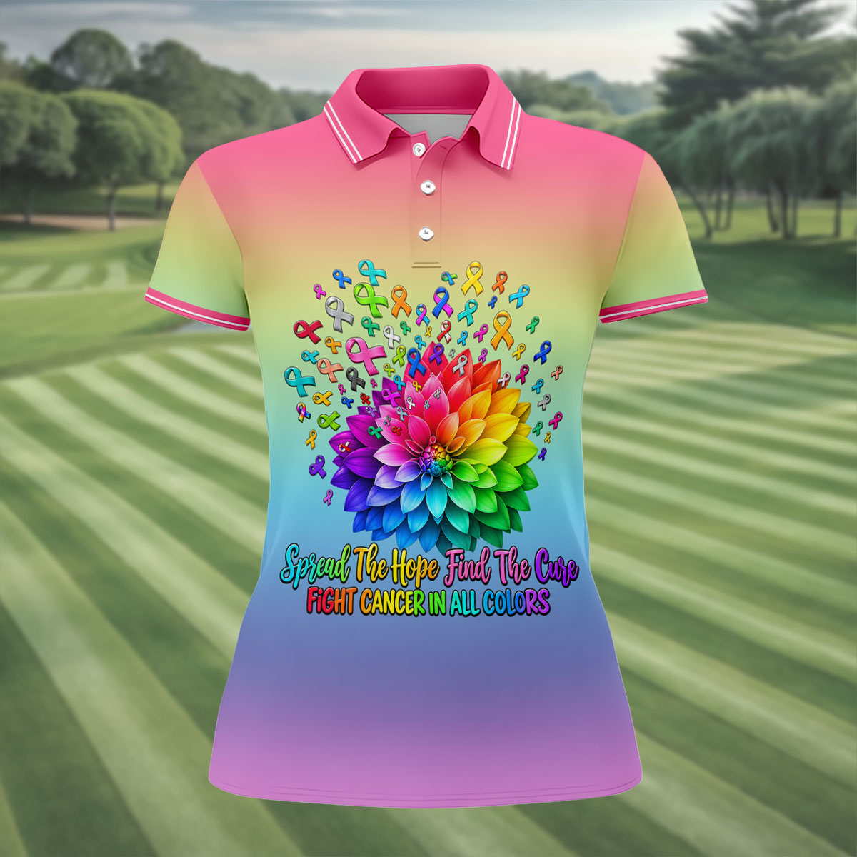 Spread Hope Find The Cure Rainbow Cancer Polo Shirt, Women's Golf Polo, Ladies Golf Top
