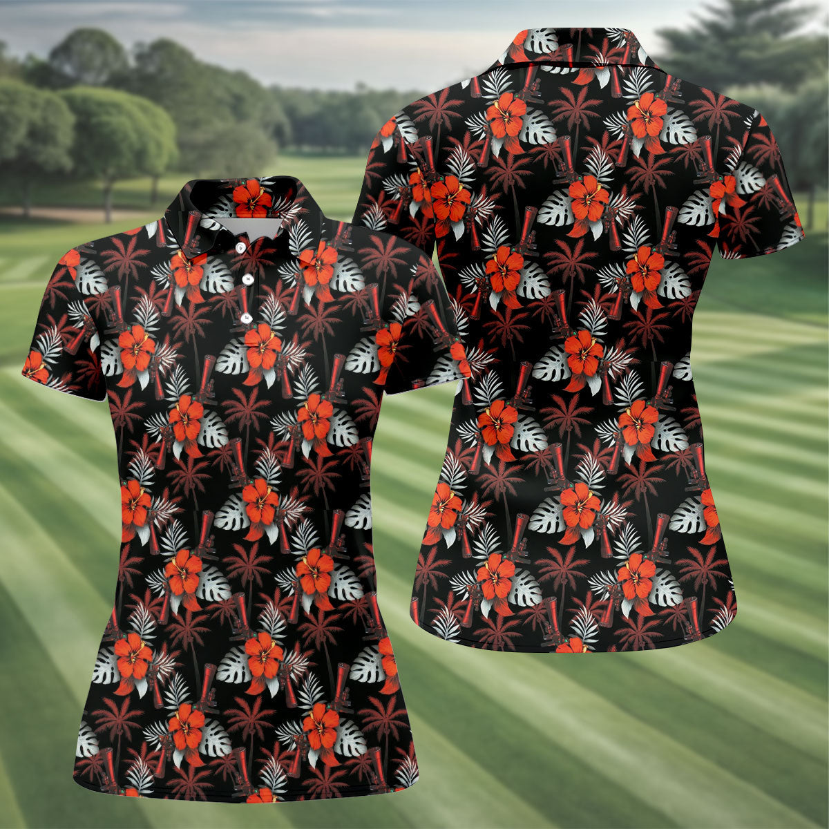 Orange Hibiscus Black Hawaiian Golf Shirt, Summer Vibe Golf Shirt For Women