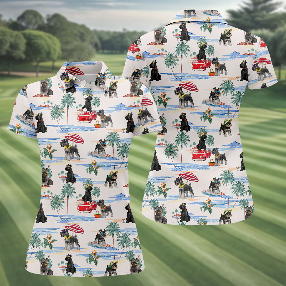 Schnauzer Beach Vacation Tropical Golf Polo Shirt, Golf Shirts For Women, Women’s Golf Apparel