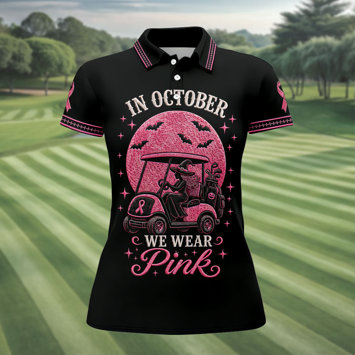 In October We Wear Pink Witch Breast Cancer Golf Polo Shirt, Golf Tops For Women