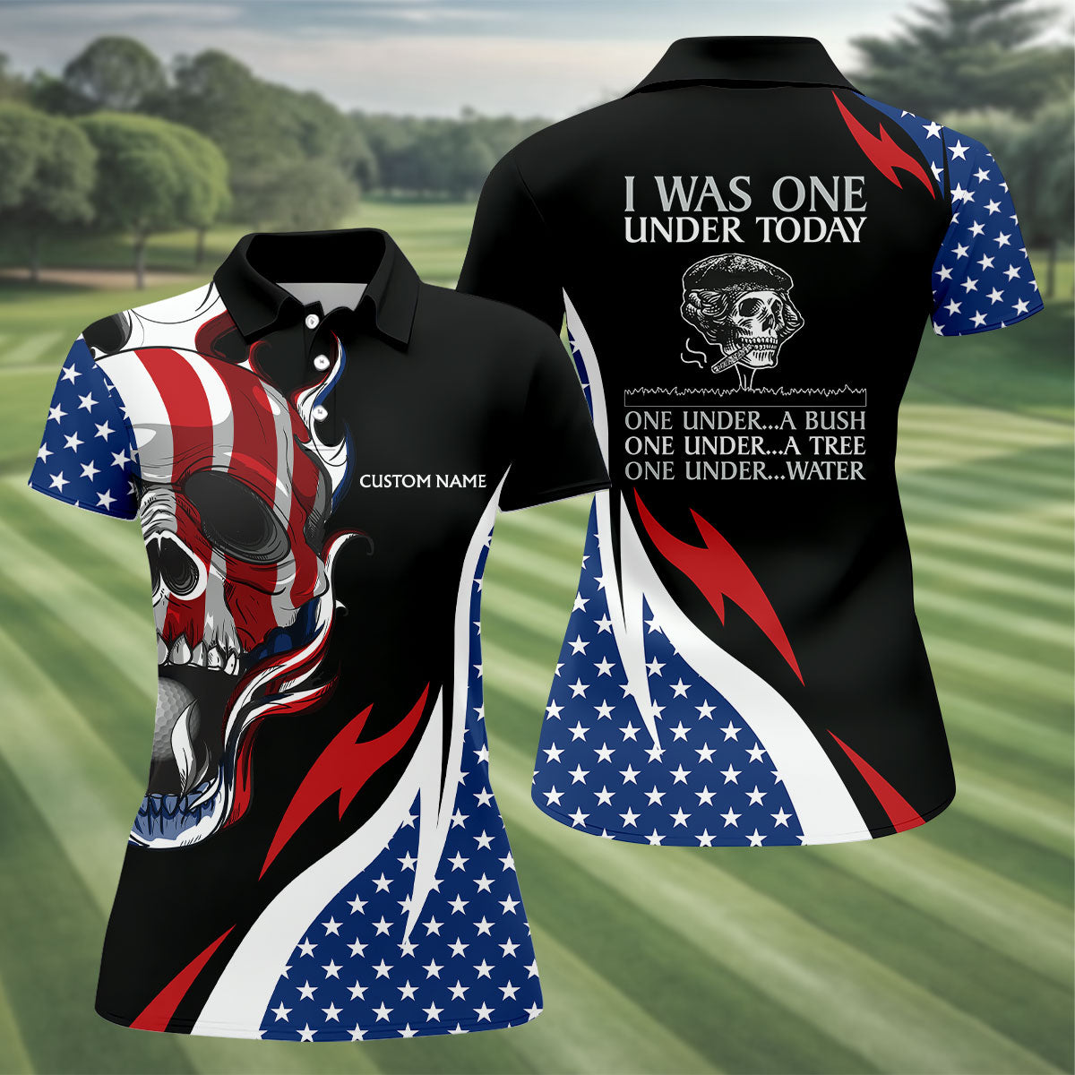 I Was One Under Today Cool Skull US Flag Golf Shirt, 4th Of July Patriotic Golf Shirt For Women