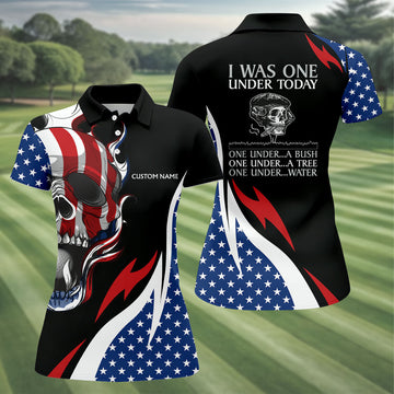 I Was One Under Today Cool Skull US Flag Golf Shirt, 4th Of July Patriotic Golf Shirt For Women