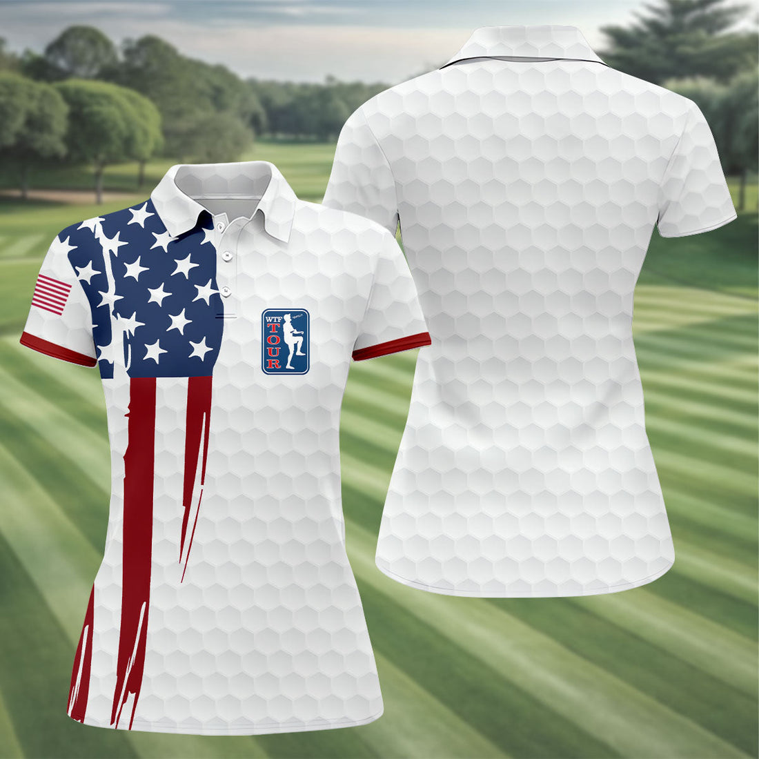 Golf Ball Pattern WTF Tour US Flag 4th Of July Patriotic Golf Shirt, 250th Anniversary Ladies Golf Shirts