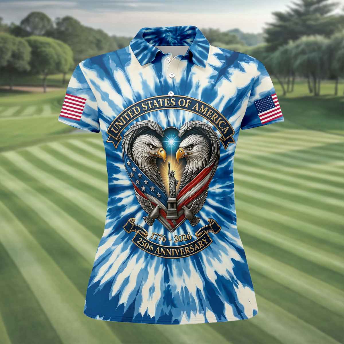 USA 250th Anniversary Tie Dye Print Bald Eagle Golf Shirt, Patriotic 4th Of July Golf Shirt For Women