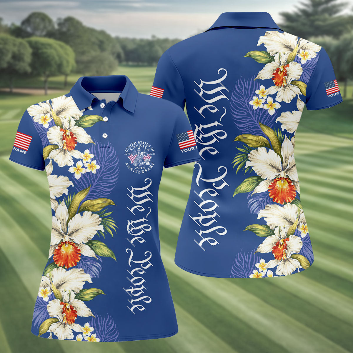 We The People Floral Pattern US Flag Golf Shirt, 250 Years 4th Of July Golf Shirt For Women