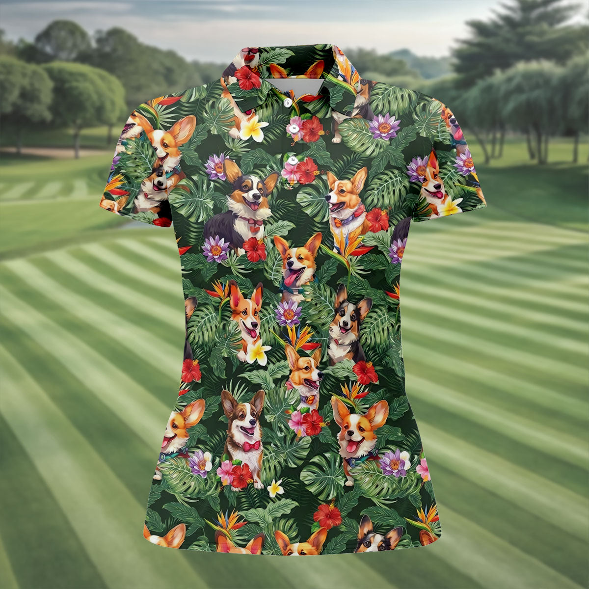 Tropical Corgi Dog Hawaiian Golf Polo Shirt, Golf Shirts For Women, Women's Golf Apparel