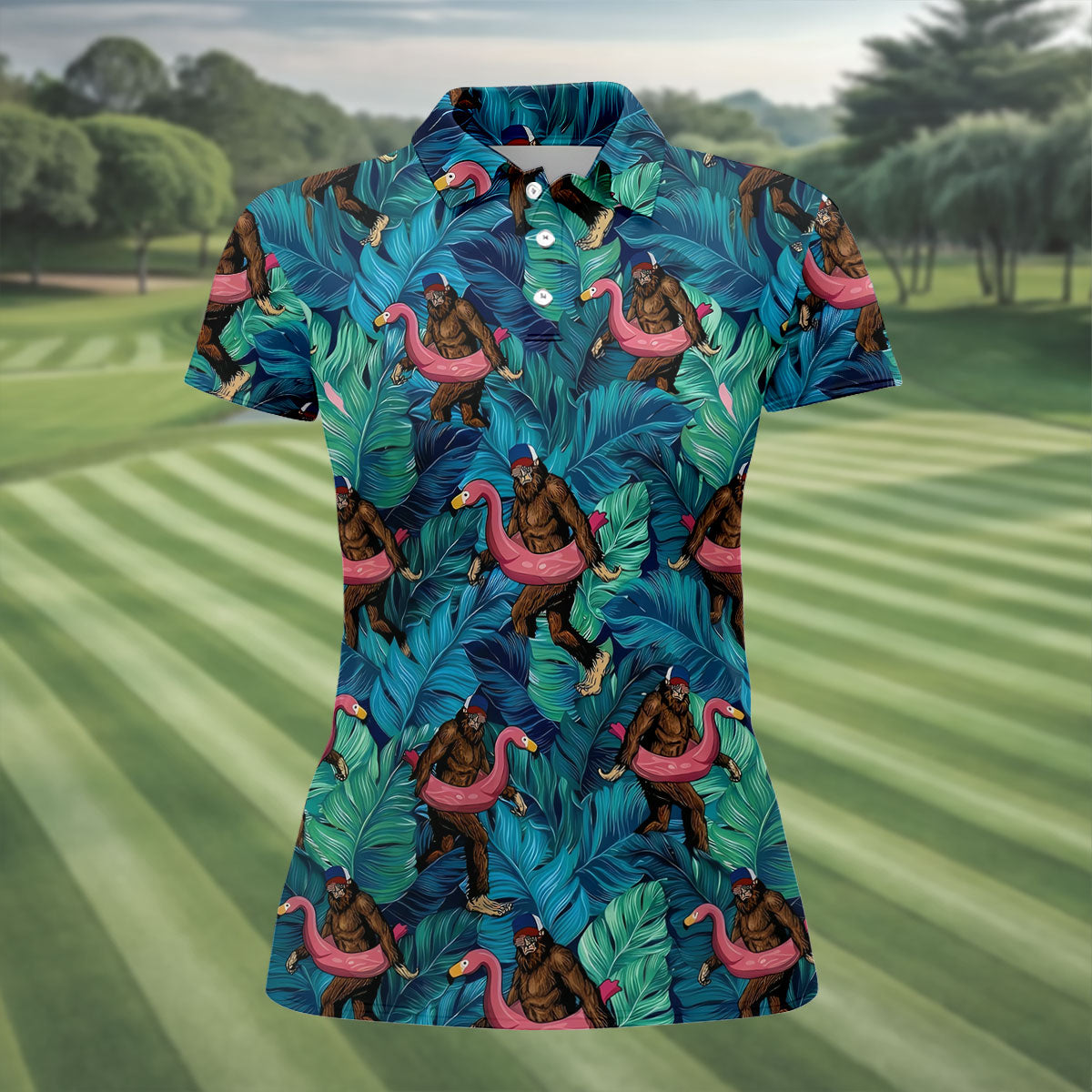 Bigfoot Flamingo Float Tropical Golf Polo Shirt, Golf Shirts For Women, Ladies Golf Tops