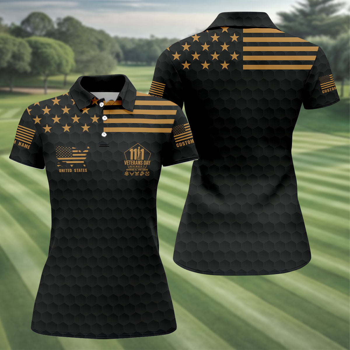Custom Name Gold Star Veterans Day Polo Shirt, Womens Golf Polo, Golf Tops For Women