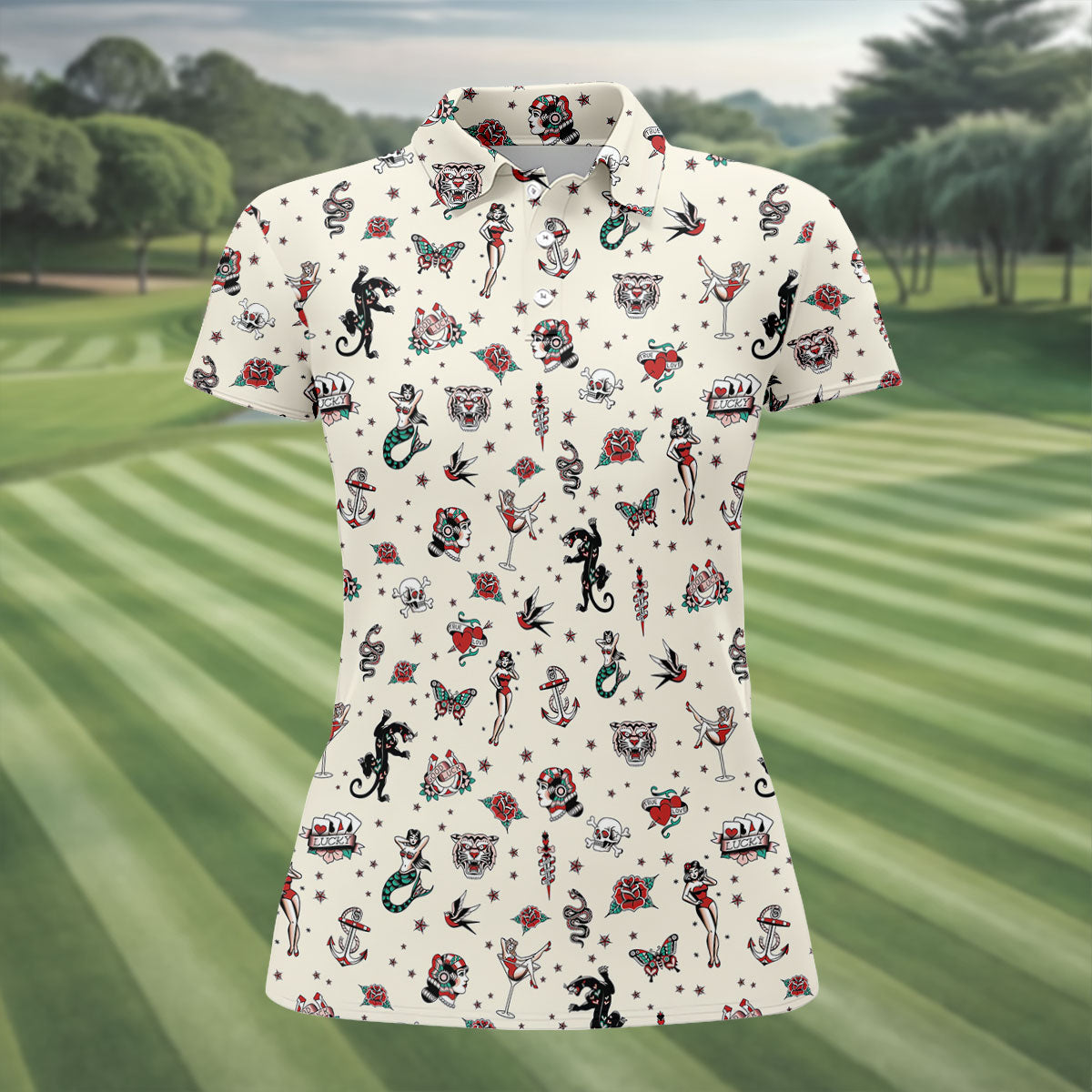 Old School Tattoo Flash Pattern Golf Polo Shirt, Women's Golf Tops, Ladies Golf Shirt
