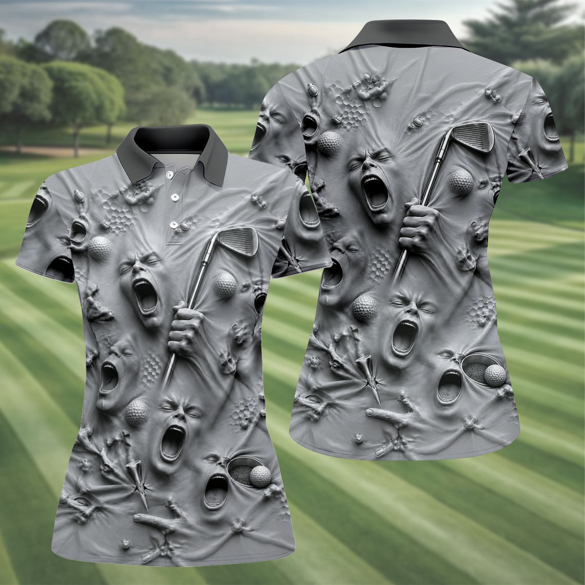 Screaming Face Halloween Golf Polo Shirt, Halloween Tops For Women, Golf Shirts For Women