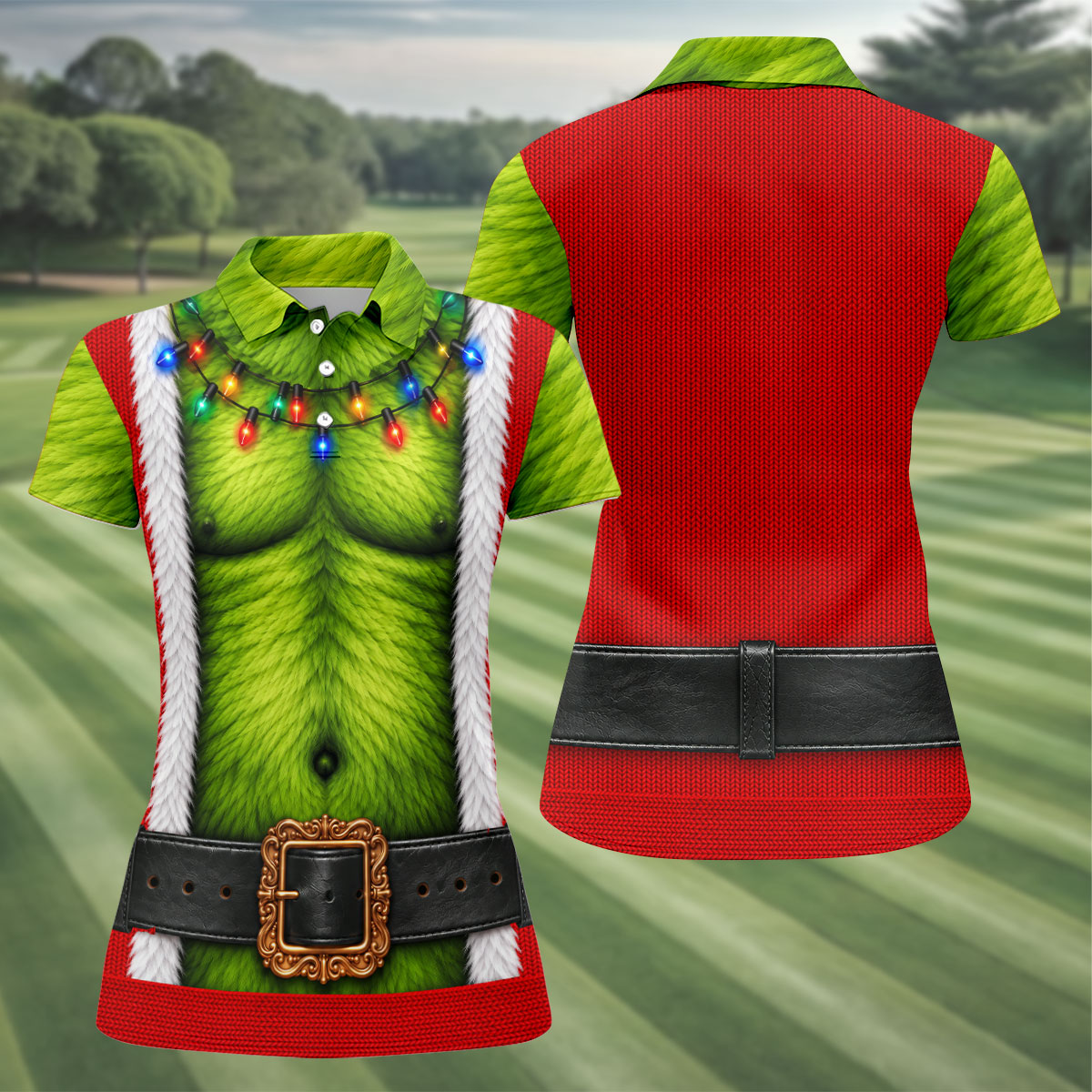 Green Furry Christmas Lights Golf Polo Shirt, Christmas Golf Shirt, Women’s Golf Apparel