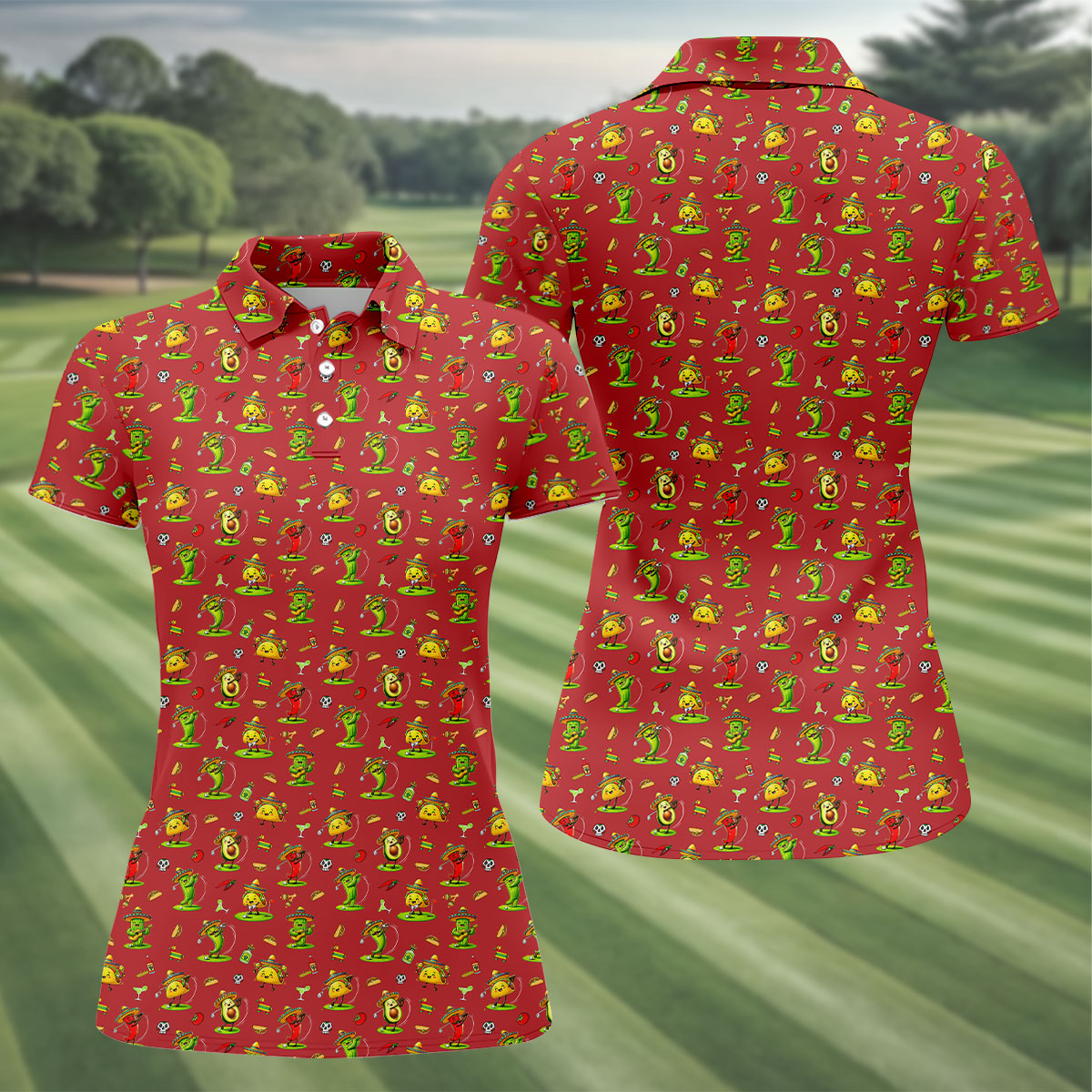 Mexican Cartoon Food Characters Cinco De Mayo Celebration Fiesta Themed Red Golf Shirt For Women