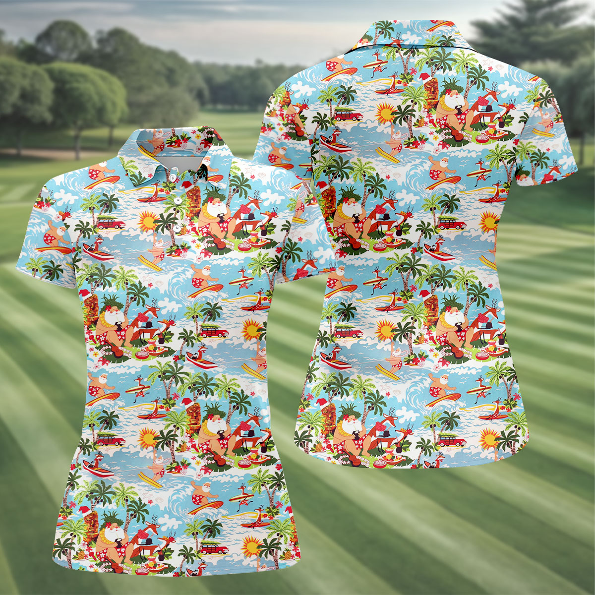 Surfing Santa Tropical Christmas Golf Shirt, Beach Reindeer Holiday Polo, Women's Golf Tops, Printed Golf Shirt